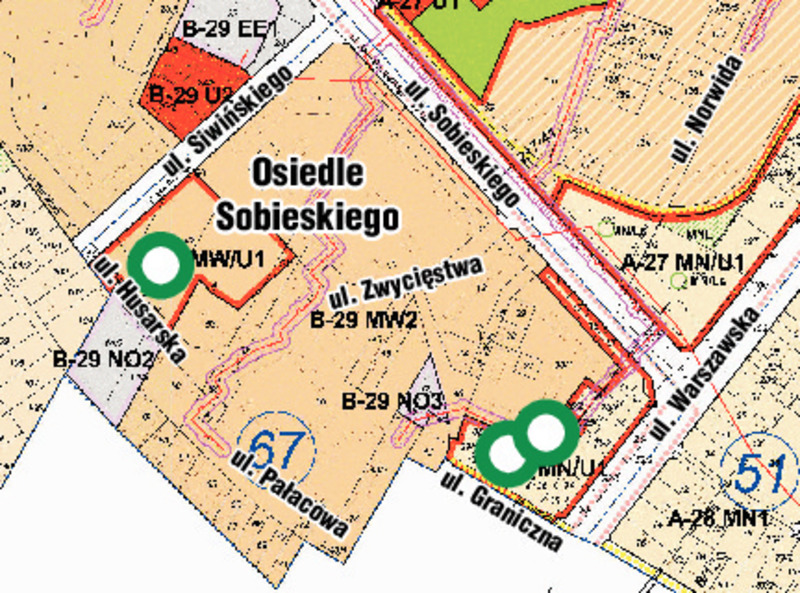 Zielonym okręgiem zaznaczone są miejsca w których w wyniku zmiany planu dopuszczona będzie budowa wysokich budynków mieszkalnych.